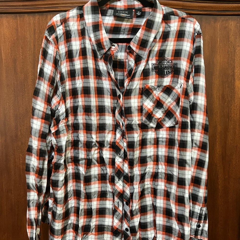 Harley-Davidson Men's Checkered Shirt - Black, White, and Orange